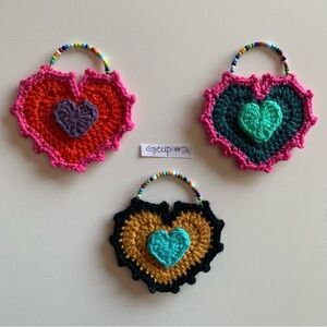 Colorful Crochet Heart Ornaments with Seed Bead Hanger. Set of 3